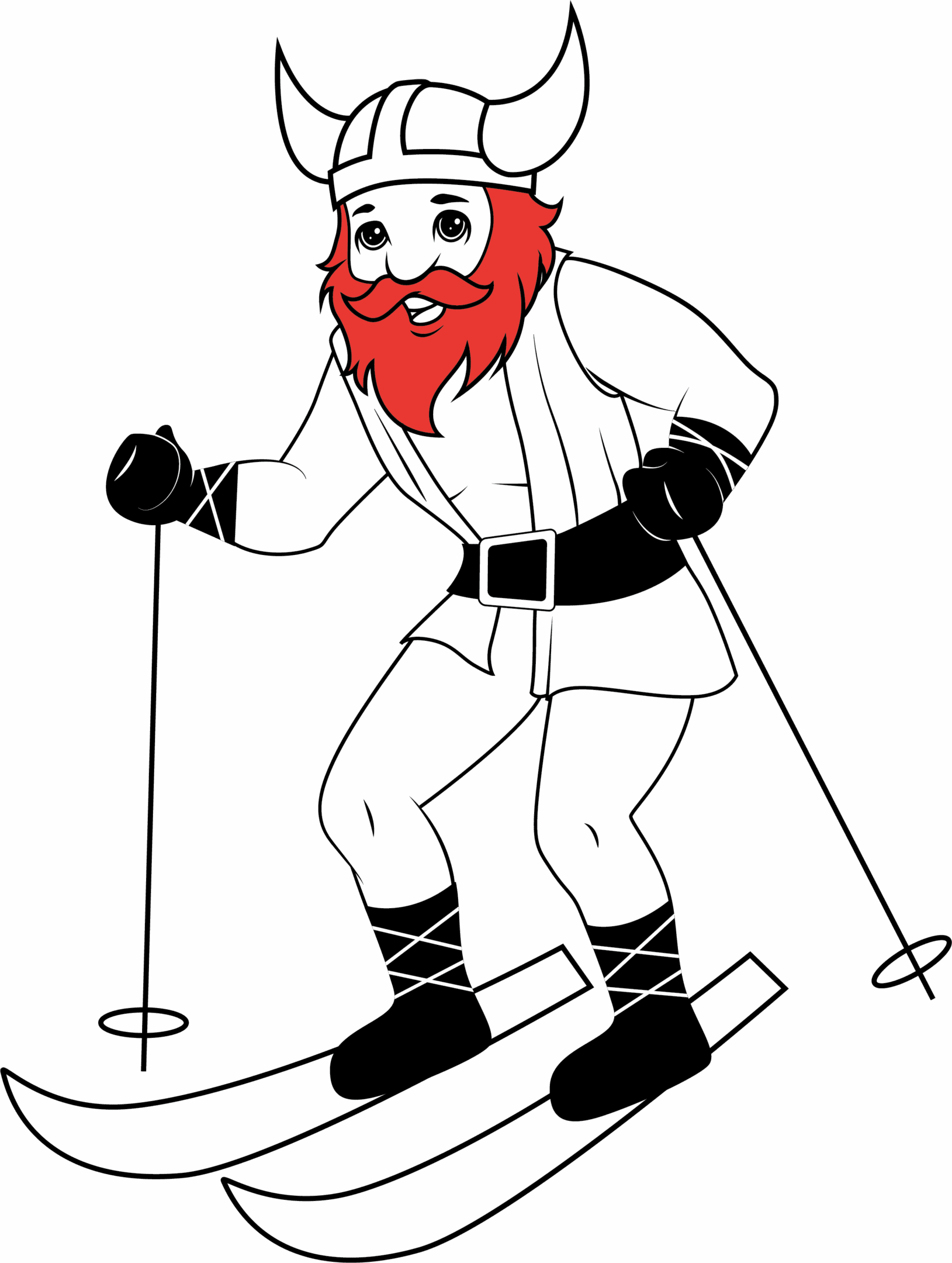 A cartoon skier with a red beard dressed in winter gear skiing downhill.