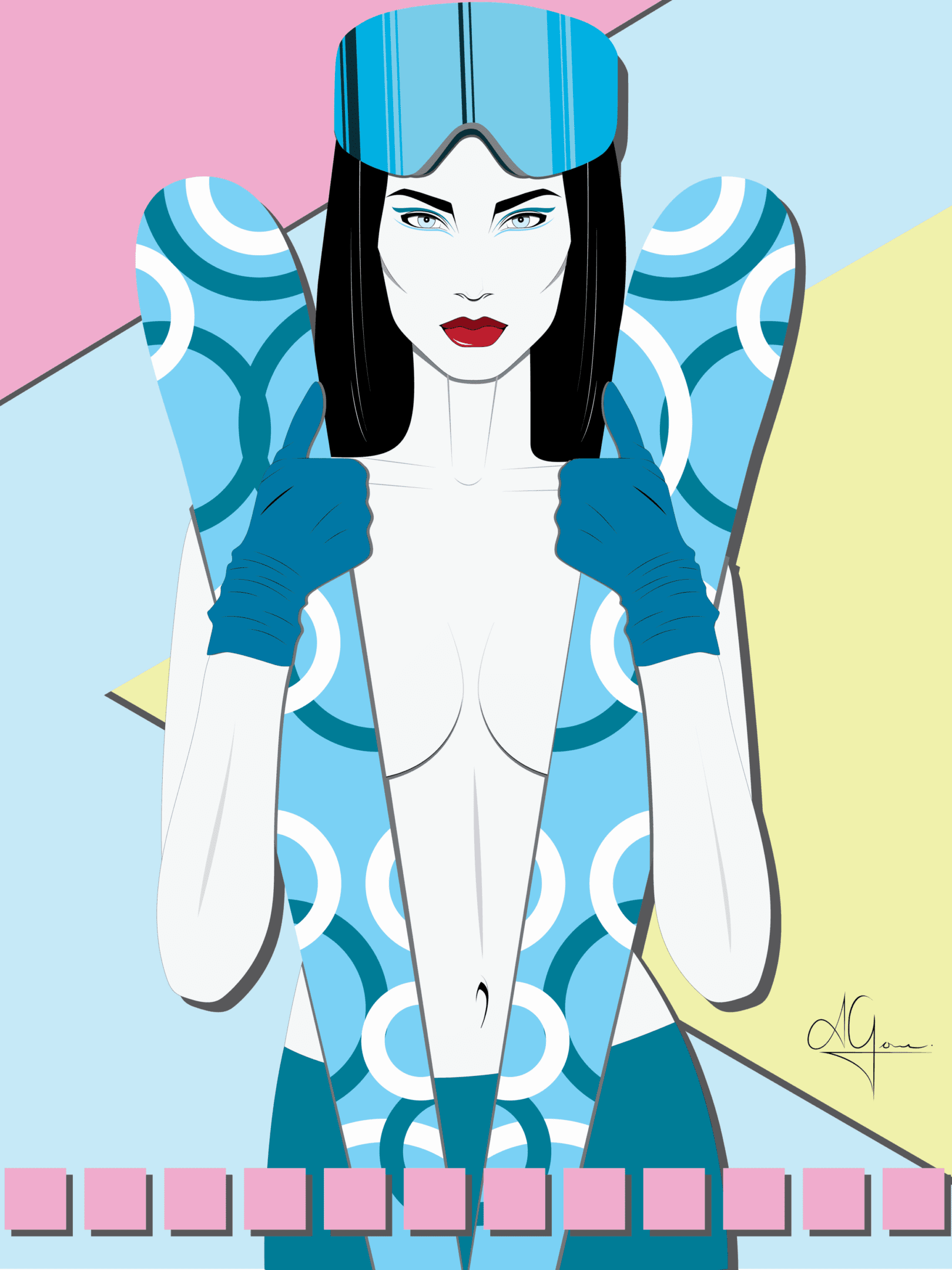 Stylized woman in futuristic, colorful attire.