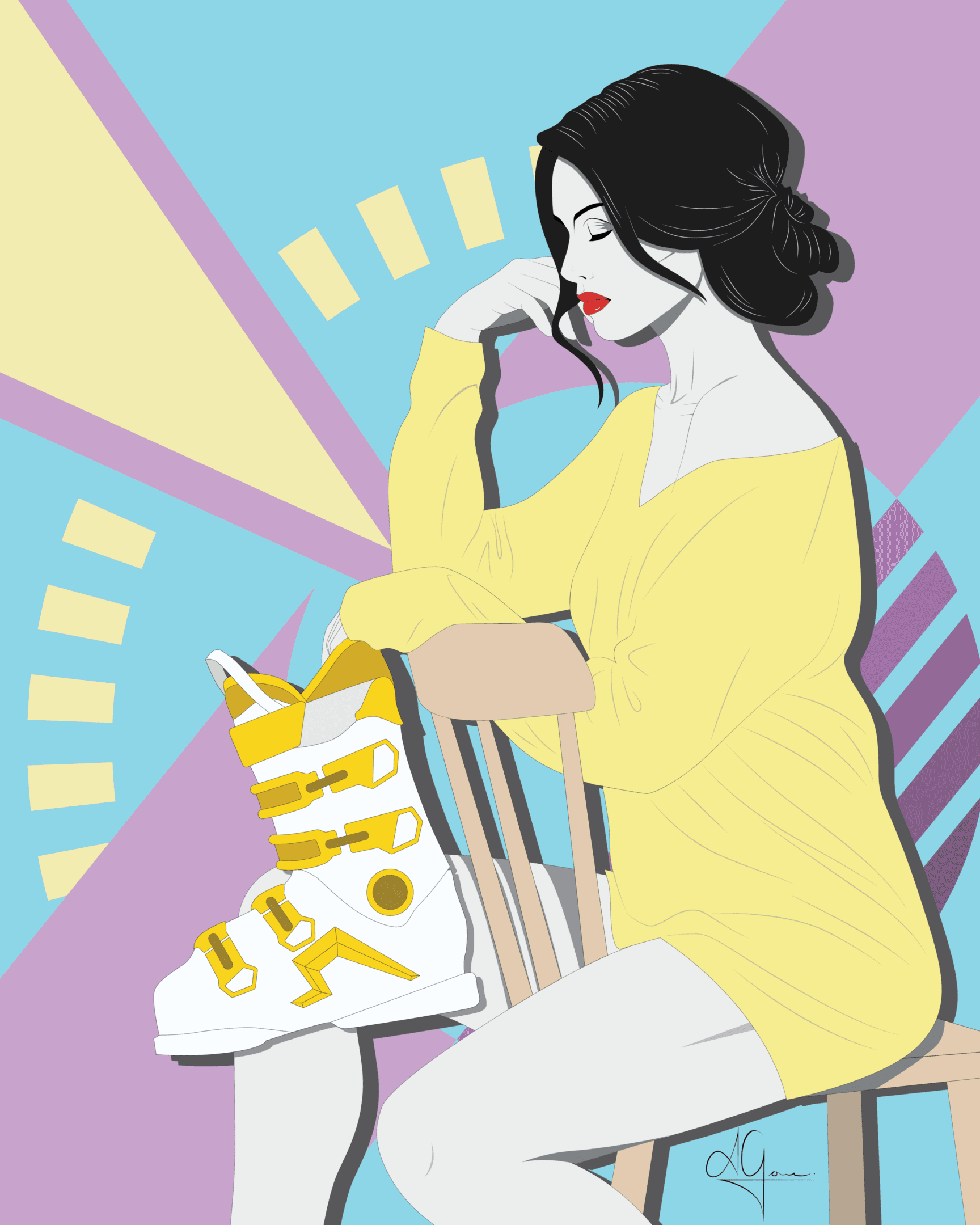Illustration of woman in yellow with boot.